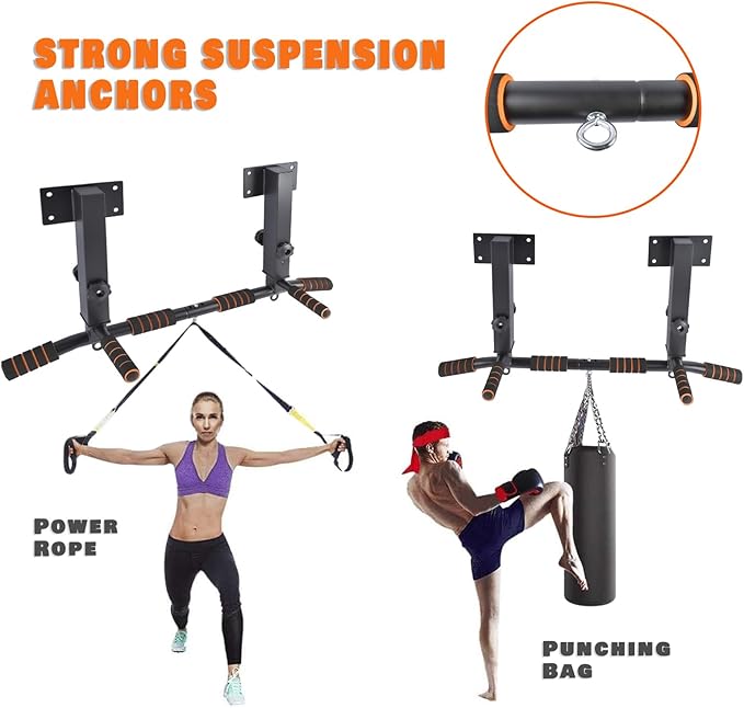 Wall Mounted Pull Up Bar Chin Up bar Multifunctional Adjustable Dip Station for Indoor Home Gym Workout, Power Tower Set Training Equipment Fitness Dip Stand Supports to 440 Lbs (Black)