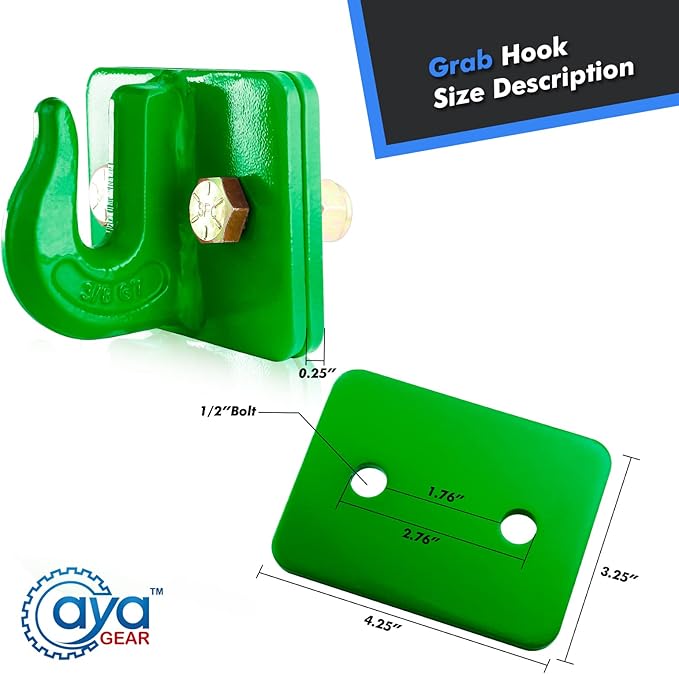 2 Pack 3/8-in Bolt On Grab Hook Mount with Backer Plate Grab Hook Grade 70 Forged Steel Tow Hook Work Well for Loader, Tractor Bucket, RV, UTV,Truck (Green)