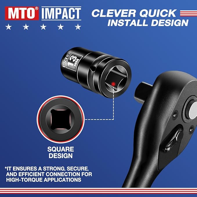 MTO 1/2" Drive 13mm Shallow Impact Socket, 6-Point Metric Socket, CR-MO Steel & Anti-Corrosion Coating for Tight Spaces and Heavy-Duty Tasks