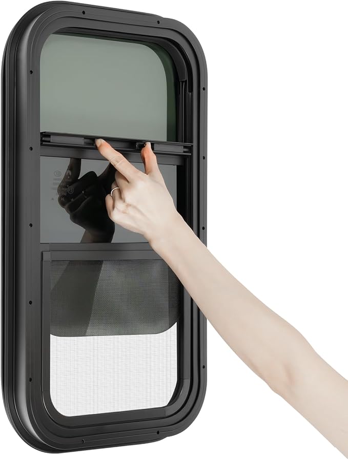 RV Window, 22" X 12" Universal RV Window Vertical Slide W/Trim Ring, Vertical Sliding Glass Window with Screen Window for Cargo, Horse Trailer, Marine Camper Window Replacement (12”x22”)