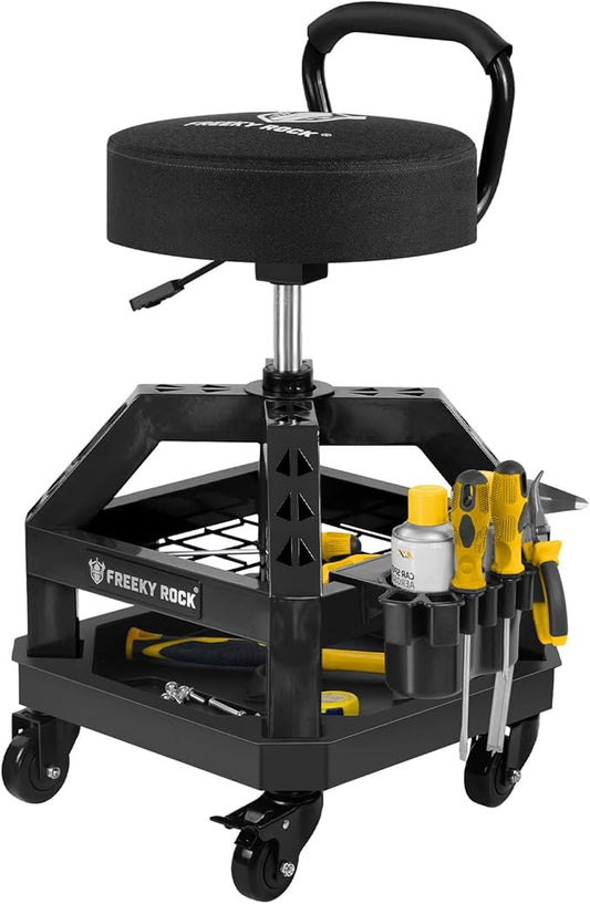 Rolling Shop Stool with Wheels, Heavy Duty Garage Work Mechanic Stool with Backrest, Adjustable Height 360°Swivel Rolling Chair with Tool Tray Storage, 330 LBS Capacity, Black