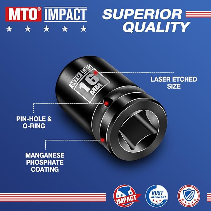 MTO 1/2" Drive 16mm Shallow Impact Socket, 6-Point Metric Socket, CR-MO Steel & Anti-Corrosion Coating for Tight Spaces and Heavy-Duty Tasks