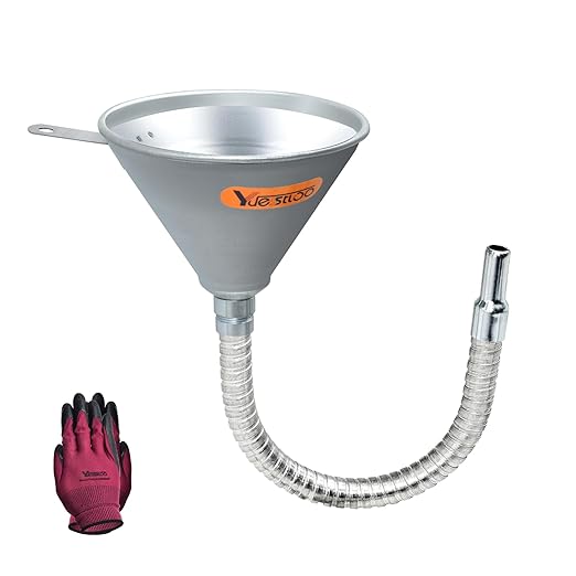 14.84" Steel Bendable Spout Funnel with Filter for All Automotive Oils, Metal Flexible Long Funnels for Automotive Use for Transmission Fluid, Diesel Fuel, and Other Liquids, with Gloves