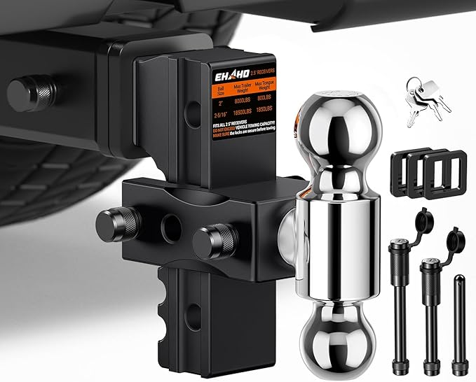 Ehaho Adjustable Trailer Hitch, Drop Hitch 2.5 Inch Receiver with 6 Inch Drop/Rise for Truck 12,500 LBS GTW, 360° Rotating Towing Hitch Balls Double Anti-Theft Locking Hitch Pins
