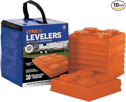 Tri-Lynx Lynx Levelers RV/Trailer/Motorhome/Vanlife interlocking Leveling Blocks with Nylon Storage Bag for most Leveling and Stabilizing functions. 10 Pack, Orange, 00015, Made in USA.