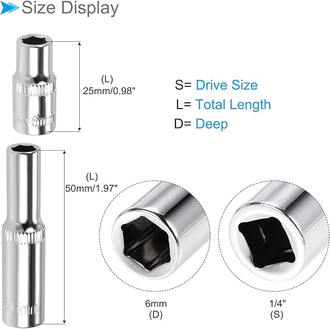 6-Point Socket, 1/4" Drive 6mm Deep, Polished Chromed CR-V Metric Deep and Shallow Impact Socket - (Applications: for Ratchet Torque Electric Wrenches Car Repair), 2-Pieces