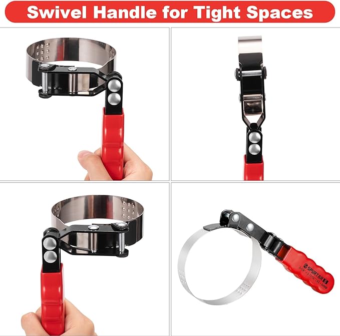 Spurtar Small Oil Filter Wrench, Swivel Oil Filter Removal Tool, Fits Filters 3-1/4" to 3-11/16" (83-94mm) for 4S Shop Auto Repair Mechanic DIY Generator Small Engine