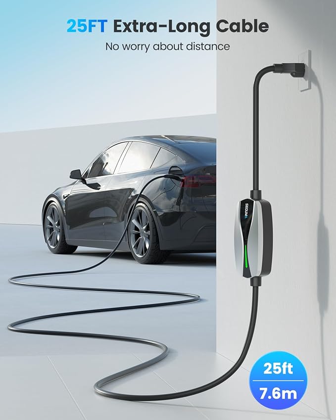 Portable Level 1/2 EV Charger for Tesla, 12A/16A, Electrical Car Mobile Charger 25FT Extension Cable with 240V NEMA 6-20 Plug, 120V NEMA 5-15 Adapter, NACS Home Wall Connector for Tesla Model-Y/3/S/X
