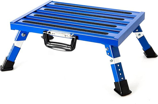 Homeon Wheels Aluminium RV Steps Adjustable Folding Step Stool with Non-Slip Rubber Feet, Stable Platform Supports 1000bs, Safety Strips, Handle, Easy Carry, Outdoor Camper Trailer Travel - Blue