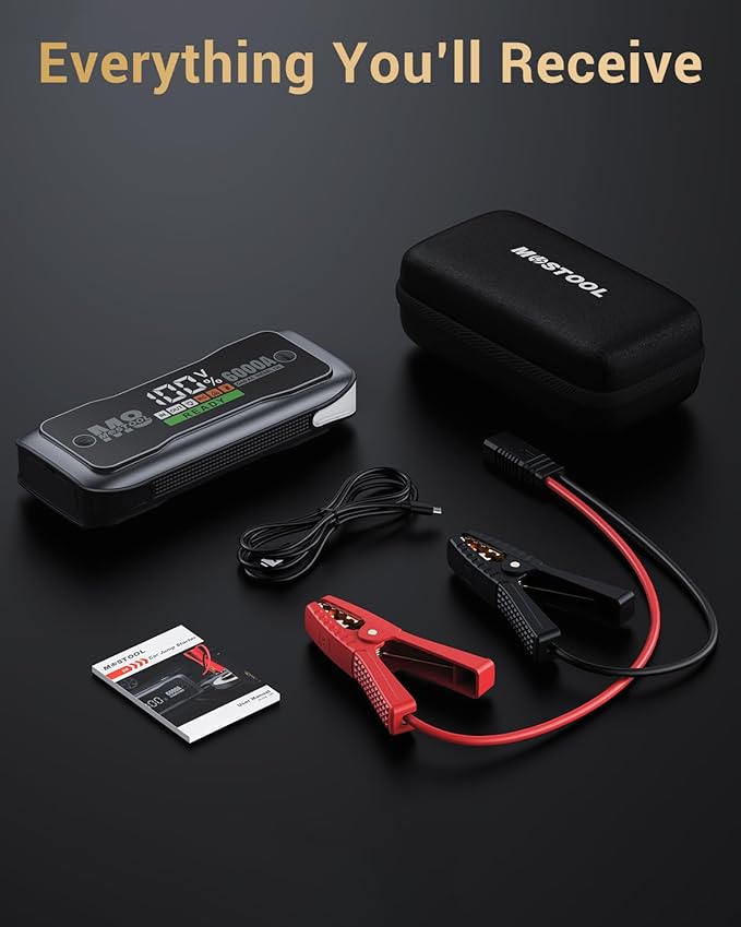 MOSTOOL M8 6000A Car Battery Jump Starter with Smart HD Display PD 60W Fast Charging, 12V Battery Jump Pack, Portable Jump Box with Jumper Clamps LED Light, Rugged Kit for All Gas & Up to 12.0L Diesel