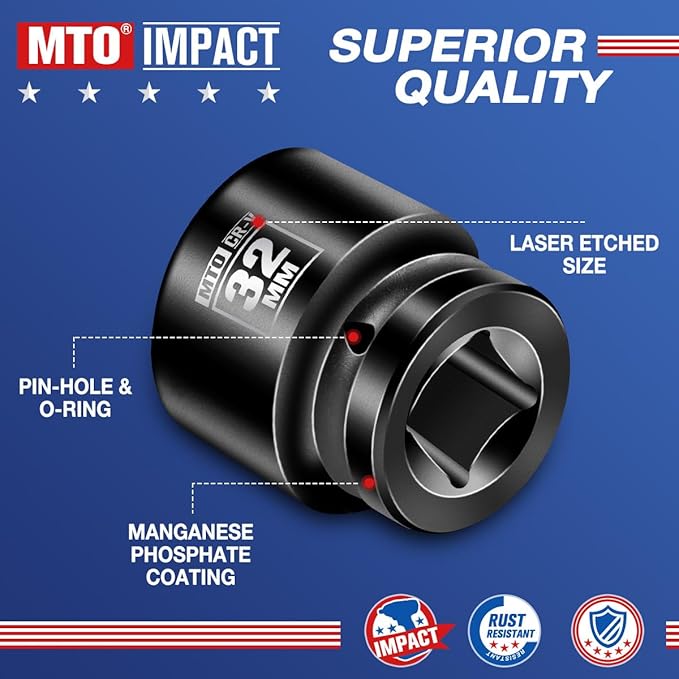 MTO 1/2" Drive 32mm Shallow Impact Socket, 6-Point Metric Socket for Automotive Maintaince, CR-V Steel Meets ANSI Standards