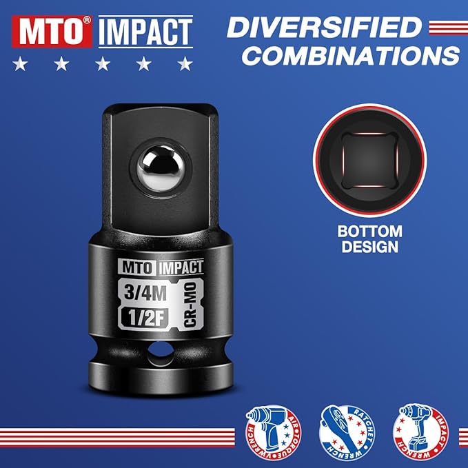 MTO 1/2" Female to 3/4" Male Impact Socket Adapter, 1/2-Inch Impact Socket Adapter, Chrome Molybdenum Alloy Steel