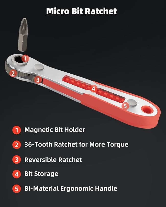 ROTATION 16pc Bit Set with 1/4 Mini Ratchet Offset Right Angle Screwdriver, Reversible Drive Handle, EDC Tool for Tight Spaces Automotive, Electronics & DIY Repair