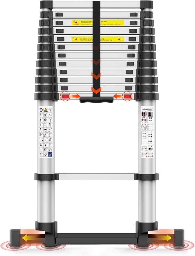 12.5FT Telescoping Ladder, Collapsible Ladder with Bottom Stabilizers, Slow Descent, One-Click Retraction to Protect Finger，Suitable for RV or Outdoor Work
