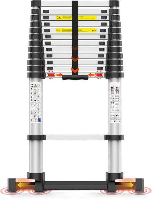 12.5FT Telescoping Ladder, Collapsible Ladder with Bottom Stabilizers, Slow Descent, One-Click Retraction to Protect Finger，Suitable for RV or Outdoor Work