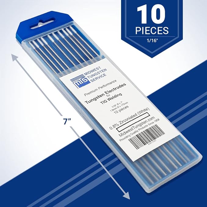 Midwest Tungsten Service TIG Welding Tungsten Electrodes 10-Pack (White - 0.8% Zirconiated Tungsten (WZ8, EWZ-0.8), 1/16")