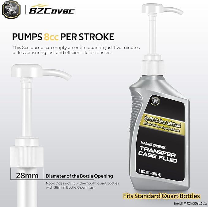 Lower Unit Gear Oil Pump for Standard Quart Bottles - 8cc Pump, 8mm & 10mm Adapters, 3/8" Metal Swivel - Outboard Motors Gear Lube Pump for Mercury, Yamaha, Suzuki, and More