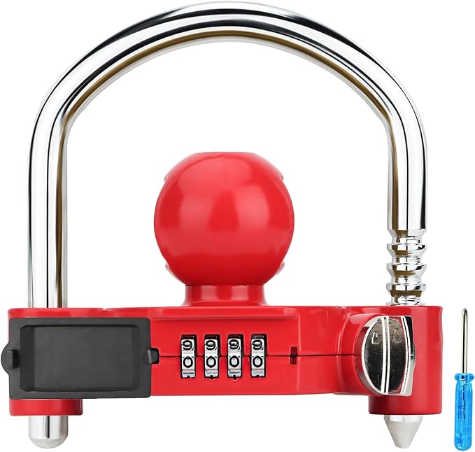 Funmit Trailer Lock Universal Hitch Lock with Combination Lock, fit 1-7/8", 2", 2-5/16" Coupler, Camper Accessories for Travel Trailers Boats Trucks Rvs Red