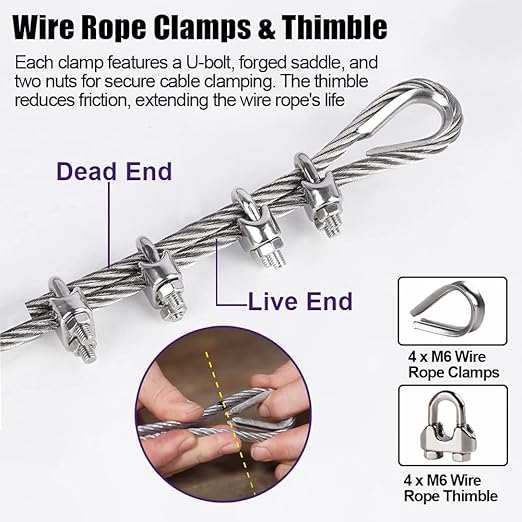 1/4 Stainless Steel Cable, 125ft Wire Rope with Wire Rope Clamps and Thimble, 6400lbs Breaking Strength, 7X19 Strands Aircraft Cable for Yard Zipline, Deck Railing, Boat Lifts