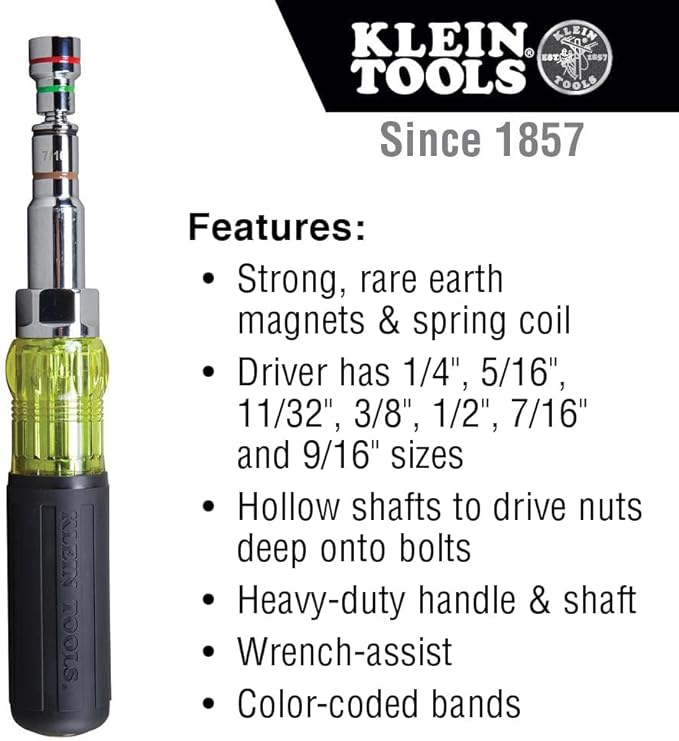 Klein Tools 32807MAG 7-in-1 Nut Driver, Magnetic Driver has SAE Hex Nut Sizes 1/4 to 9/16-Inch, Cushion Grip Handle for Added Torque