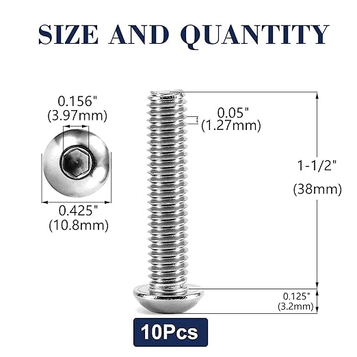 1/4-20 x 1-1/2" Button Head Socket Cap Bolts Screws, 10Pcs 304 Stainless Steel 18-8, Allen Hex Drive, Bright Finish by SG TZH(with Hex Spanner)