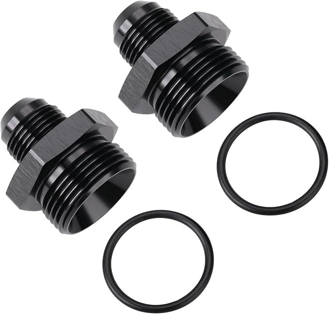 10AN Male Flare to 16AN ORB O-ring Boss Fuel Pump Rail Adapter Fitting Aluminum Black, Pack of 2
