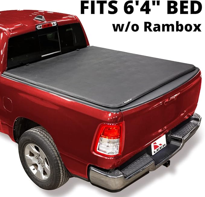LEER FOLDITUP | Fits 2009-2018 Ram, 2019-2023 Heavy Duty, 2019 Classic with 6’4” Bed w/Out Rambox | Soft Tri-Fold Truck Bed Tonneau Cover | Easy Install | 4F137