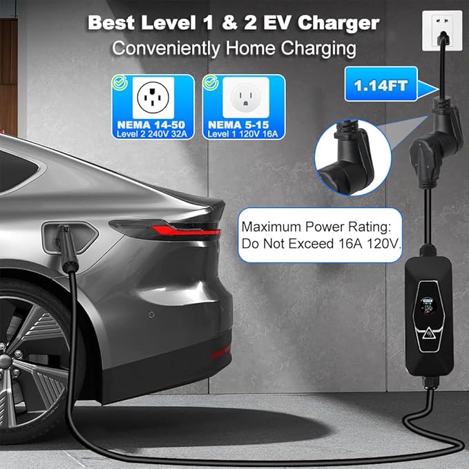 Level 2 EV Charger (WiFi, App, Plug and Play), 32 Amp, 240V Portable Electric Vehicle Charger for All J1772 EVs, Home & Outdoor Charging with NEMA 14-50(16 ft Plug)