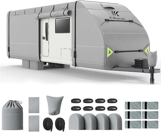 K-Musculo RV Cover, 24-27 FT Heavy Duty Travel Trailer Cover with 8 Layers Corner, Windproof and Waterproof Camper Cover with 4 Tire Cover & Tongue Jack Cover