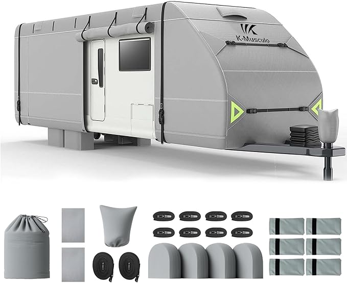 K-Musculo RV Cover, 27-30 FT Heavy Duty Travel Trailer Cover with 8 Layers Corner, Windproof and Waterproof Camper Cover with 4 Tire Cover & Tongue Jack Cover