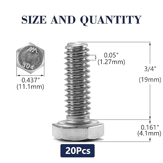 1/4-20 x 3/4" Hex Head Screw Bolt, 20Pcs 18-8 (304) Stainless Steel, Fully Threaded, Plain Finish, by SG TZH
