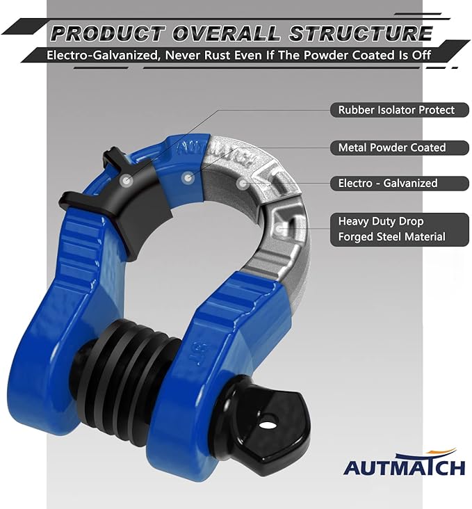 AUTMATCH D Ring Shackles 3/4" Mega Shackle (2 Pack) 68,000Ibs Break Strength - Heavy Duty Clevis Shackles with 7/8" Screw Pin and Isolator Washer for Tow Strap Winch Off Road Vehicle Recovery, Blue