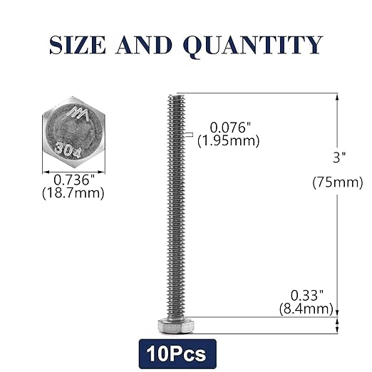 1/2-13 x 3 Hex Head Screw Bolt, 10Pcs 18-8 (304) Stainless Steel, Fully Threaded, Plain Finish, by SG TZH