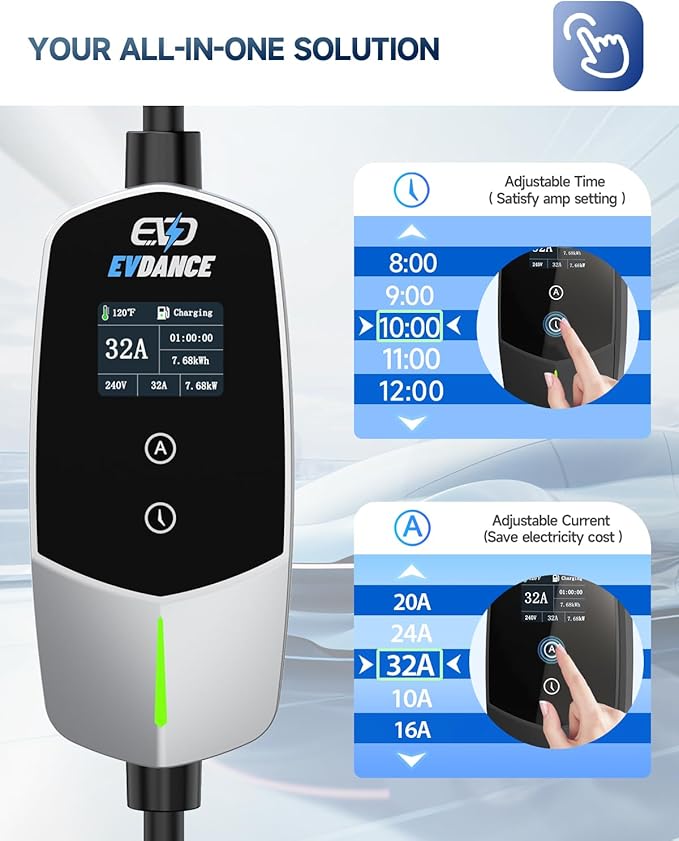Level 2 EV Charger - Portable 32A EV Chargers NEMA 14-50 with 25ft Cable, Adjustable Current/Delay Charging for Electric Car Charger