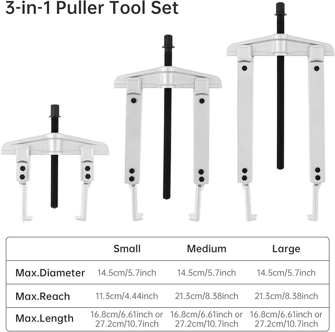 ChgImposs Gear Puller Set, 3 in 1 Heavy Duty Extendable Pulley Puller Kit - Cr-V Steel 2-Jaw Gear & Pulley Remover Tool with 3 Claw Sizes for Bearing, Gear, Pulley & Flywheel Removal