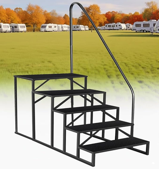 RV Steps with Handrail, 5 Step RV Stairs 660lbs Load Capacity, Heavy Duty Camper Steps with Wide & Anti-Slip Platform, Portable Outdoor Metal Entry Stairs for Hot Tub, Mobile Home, Travel Trailers
