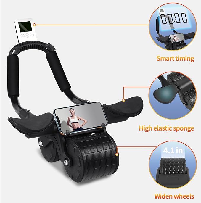 Ab Roller Wheel with Timer & Knee Mat, Home Workout Auto Rebound Abdominal Wheel with Elbow Support - Core Workout Equipment for Strengthening Abs, Home Gym Exercise for Women & Men