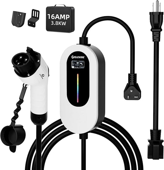 Level 1&2 EV Charger, 16Amp 110V-240V, Portable Electric Vehicle Charging Kit with Adjustable Current & Timer, 25FT Cable, NEMA 5-15 & 6-20 Plugs, J1772 Connector Compatible with All EVs/PHEVs