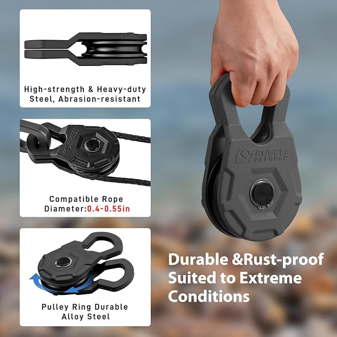 RUGCEL WINCH Snatch Block 12T, Heavy Duty Recovery Winch Pulley Compatible with Synthetic Rope & Steel Cable,E-Coated Black Finish, for Truck, Tractor, ATV & UTV (12T-Black)