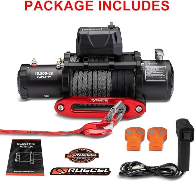 RUGCEL WINCH 13500lb Waterproof Electric Truck Winch 12V Synthetic Black Rope Winch with Hawse Fairlead,Wired Handle and 2 Wireless Remote,for Trailer and Wrangler in Car Lift