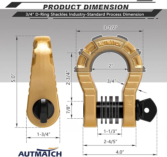 AUTMATCH D Ring Shackles 3/4" Mega Shackle (2 Pack) 68,000Ibs Break Strength - Heavy Duty Clevis Shackles with 7/8" Screw Pin and Isolator Washer for Tow Strap Winch Off Road Vehicle Recovery, Gold
