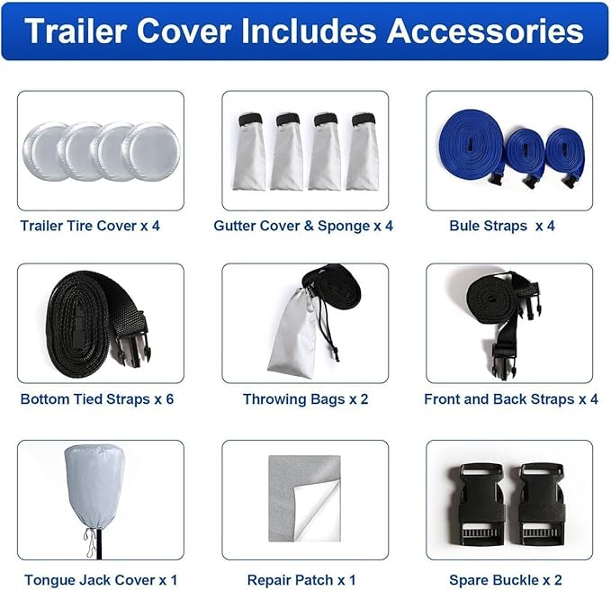 Kayme RV Cover for 20-22ft Travel Trailers, 300D Oxford Heavy Duty Waterproof Camper Cover with Zipper Door.Windproof, UV Protection, Snowproof.Includes 4 Tire Covers, Jack Cover & Wind Straps