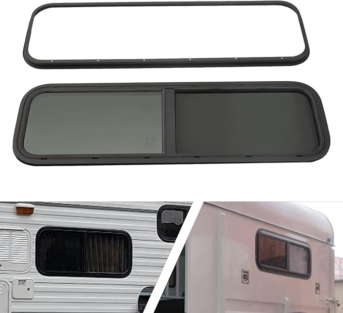 RV Window, Teardrop Horizontal Slide Black RV Window, 42" W X 12" H Horizontal Sliding Window Camper Trailer Window Horizontal Sliding Replacement Glass