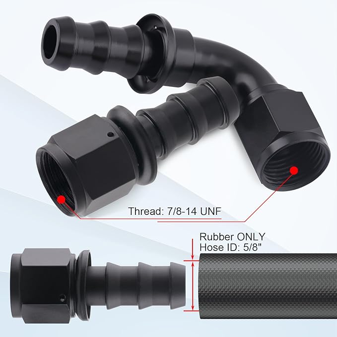 10AN Push Lock Hose Fitting Kit Straight 45 90 180 Degree Elbow Black Ends with Clamps for Rubber Fuel Line, 8PCS
