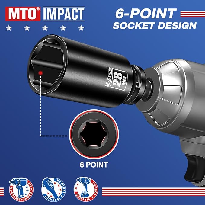 MTO 1/2" Drive 28mm Deep Impact Socket, 6 Pt. Metric Socket, CR-MO Steel & Anti-Corrosion Coating for Heavy-Duty Use