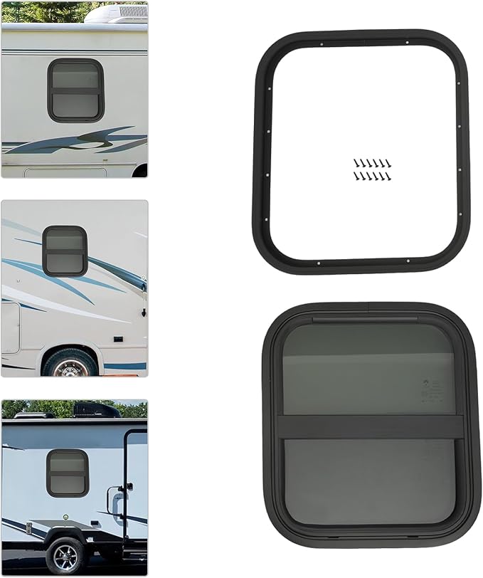 RV Window, 14" X 16" Universal RV Window Vertical Slide W/Trim Ring, Vertical Sliding Glass Window with Screen Window for Cargo, Horse Trailer, Marine Camper Window Replacement (14”x16”)