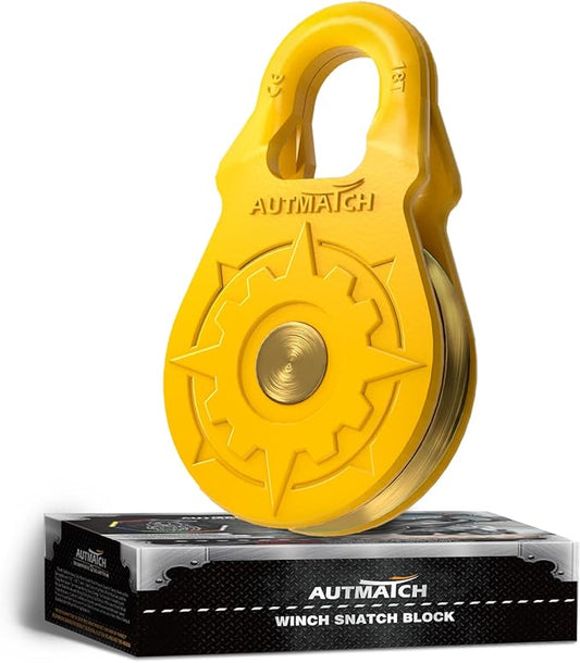 AUTMATCH Winch Snatch Block 18 Ton - Winch Pulley (79,366 Lbs) Break Strength, Heavy Duty Off Road Recovery Towing Pulley Blocks for Synthetic Rope or Steel Cable, Truck, UTV, ATV, Yellow