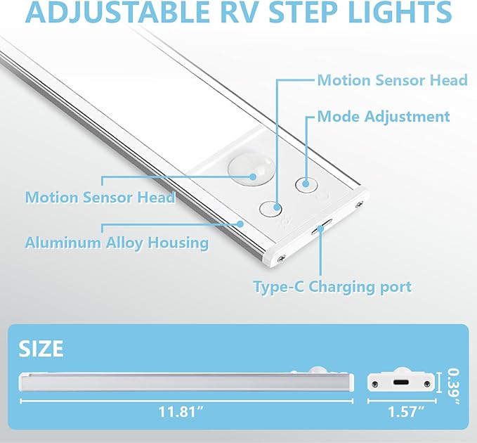 2 Pack Motion Activated RV Step Lights, USB Rechargeable 72 LED Rv Light Camping Camper Lights Adjustable 3 Color for Motorhome Travel,Travel Trailers, Camper (White