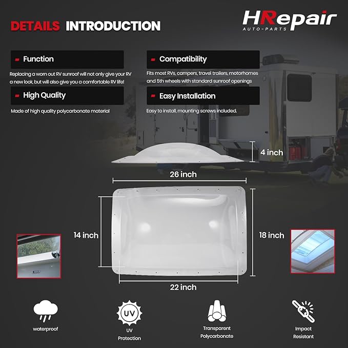 SL1422 RV Skylight Replacement,18" x 26" Camper Skylight fits Standard 14" x 22" Openings 16" x 26" Overall,RV Shower Bathroom Skylight Cover - SL1422C(Clear)