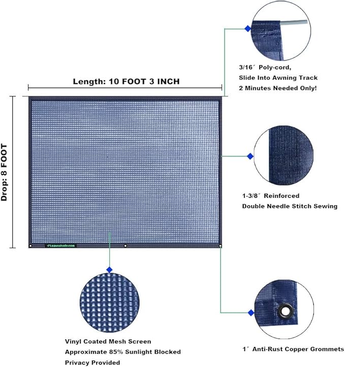 Tentproinc RV Awning Sunshade Screen 8' X 10' 3''(fit for 11' Awning) Mesh Sun Shade for Motorhome Camping Trailer Awning Shadescreen Block UV Glare Sunscreen - 3 Year Warranty (Navy Blue)
